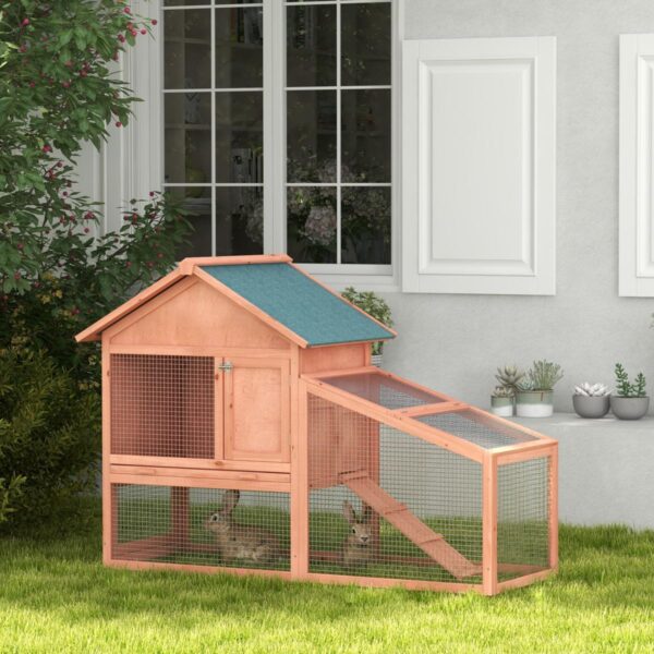 2 Tier Rabbit Hutch Outdoor, Guinea Pig Hutch, Solid Wood Bunny House, Water Resistant Asphalt Roof Ramp Sliding tray 144 x 64.5 x 100 cm - in use view