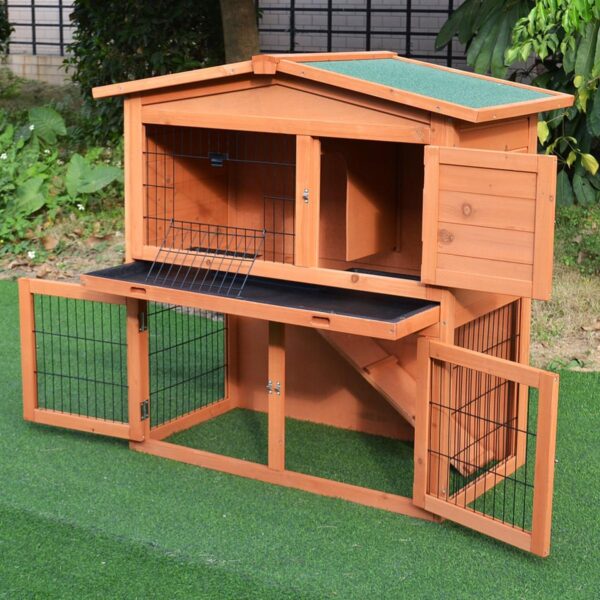 2 Tier Rabbit Hutch Guinea Pig Hutch Ferret Cage with Ramp Slide Out Tray for Indoor Outdoor 100.5 x 55 x 101 cm - in use view