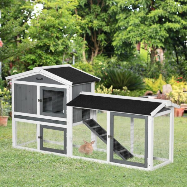 Rabbit Hutch Outdoor, 2-Tier Guinea Pig Hutch, Wooden Small Animal House with Rabbit Run Box, Slide-out Tray, Ramp, 175.8 x 52 x 85.5 cm, White - in use view