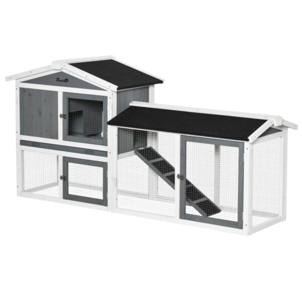 2‑Tier Rabbit Hutch - With Run, Tray & Ramp - white background view
