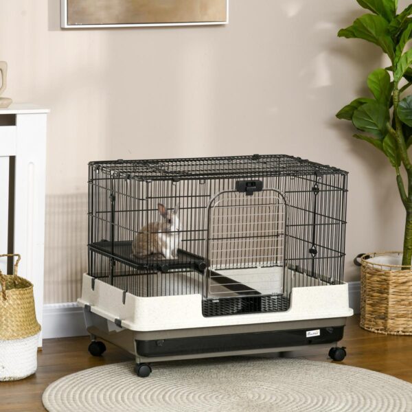 2 Tier Rolling Small Animal Rabbit Cage Chinchillas Hutch Pet Play House with Platform Ramp Removable Tray 80 x 52.7 x 66 cm - in use view