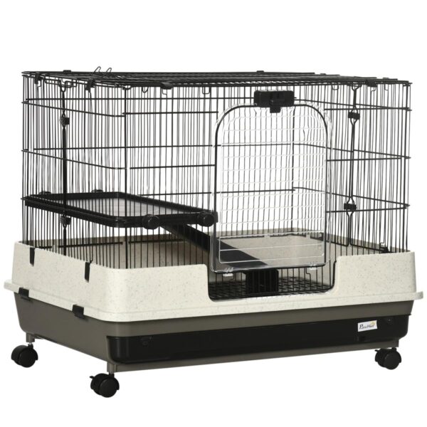2-Tier Rolling Animal Cage - Rabbit Hutch with Ramp - white background view