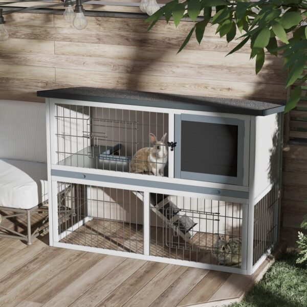 PetsMania 2-Tier Wooden Rabbit Hutch Guinea Pig House Bunny Cage Backyard with Openable Roof Small Animal House for Outdoor Grey, 108 x 45 x 78 cm - in use view