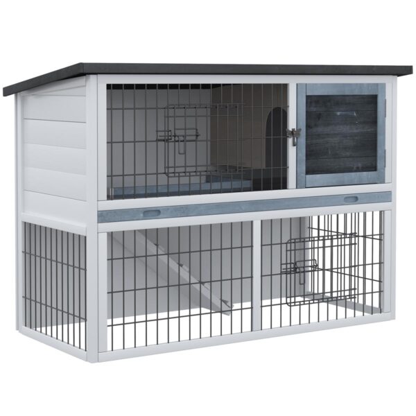 2-Tier Wooden Rabbit Hutch - Outdoor Cage w/ Open Roof - white background view
