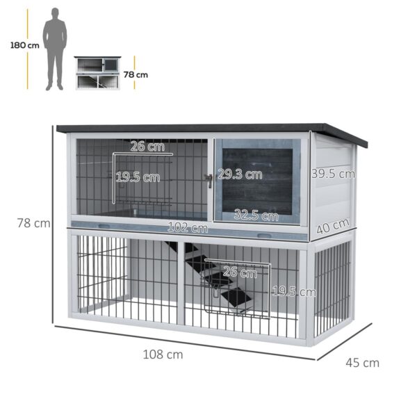 2-Tier Wooden Rabbit Hutch – Outdoor Cage w/ Open Roof (108×45×78cm, Grey) - dimensions view