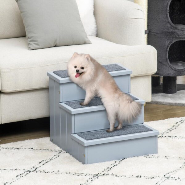 3 Step Wooden Dog Steps Pet Stairs for Dogs, Cat Ladder for Bed Couch with Storage Grey - in use view