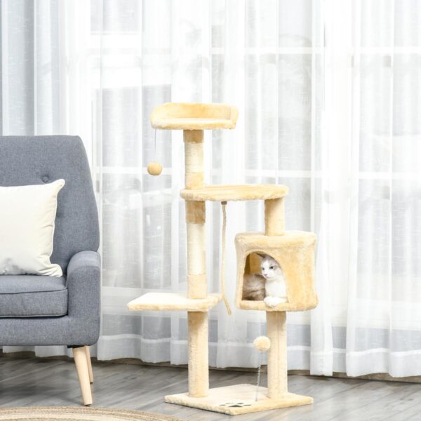 PetsMania Cat Tree for Indoor Cats Pet Activity Centre Kitty Condo Climbing Scratching Post with Toys 4-tier 114cm Tall Beige - in use view