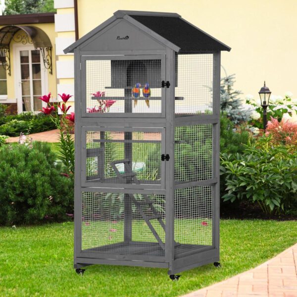 Bird Cage budgie cage Wooden Outdoor Aviary with Wheels for Canary Finch with Asphalt Roof Perch Nest Ladder Slide-out Tray, Grey - in use view