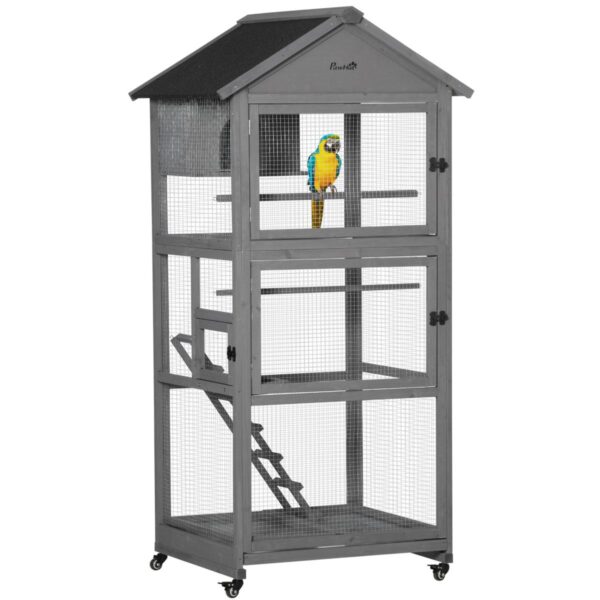 Bird Cage for Budgies - Wooden Aviary with Wheels - white background view