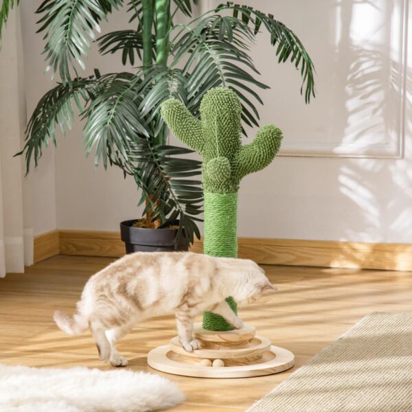 Cat Tree Cactus Sisal Scratching Post for Indoor Cats Play Tower Kitten Furniture with Hanging Ball Interactive Fun Roller Exerciser 32 x 32 x 60cm - in use view