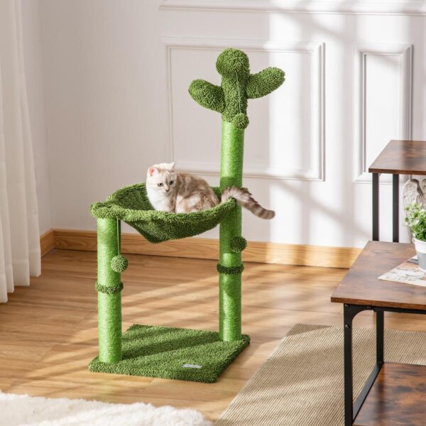 Cactus Cat Tree Tower for Indoor Cats Sisal Scratching Post with Hammock Bed Dangling Ball 40 x 40 x 96 cm - in use view