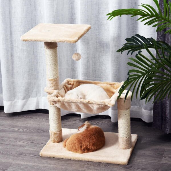 PetsMania Cat Scratch Post with Bed Cat Tree for Indoor Cats Sisal Scratching Posts Hammock Kitty Activity Centre Beige - in use view