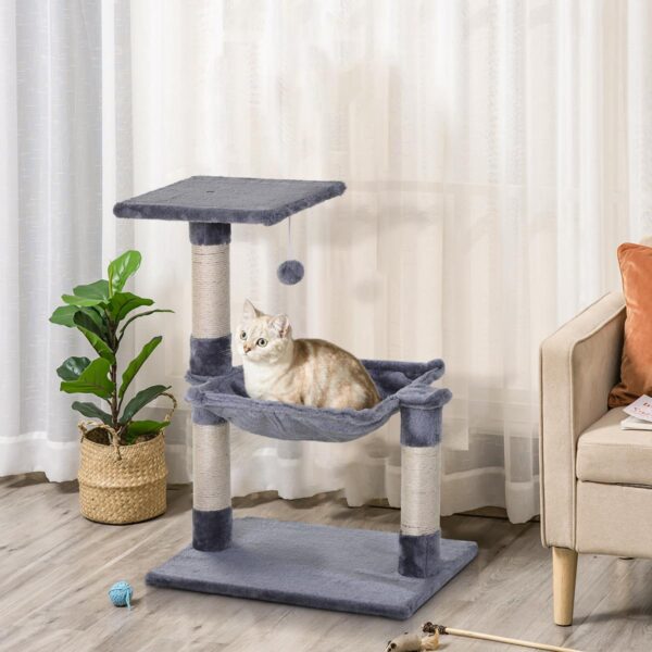 Cat Scratch Post with Bed Cat Tree for Indoor Cats Sisal Scratching Posts Hammock Kitty Activity Centre Grey - in use view