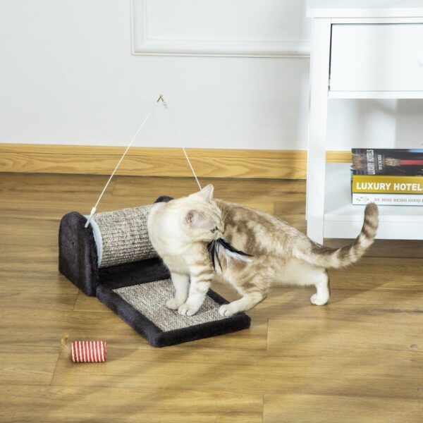 Cat Scratcher, Sisal Cat Scratching Board Mat Pad with Roller, Feather Toy, 44 x 24 x 16 cm, Grey - in use view