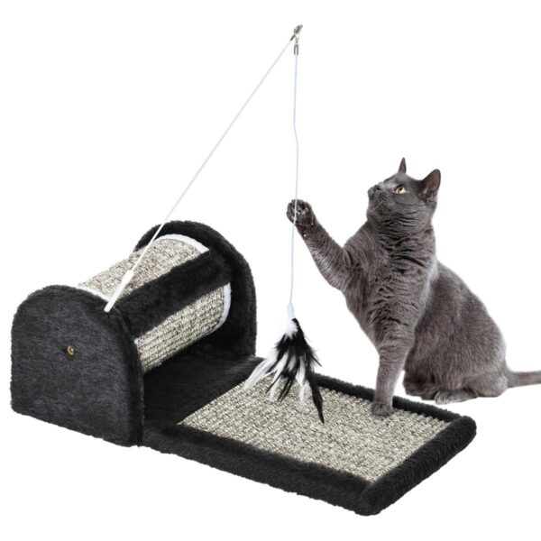 Cat Scratcher Board - Sisal Mat with Roller & Feather Toy - white background view