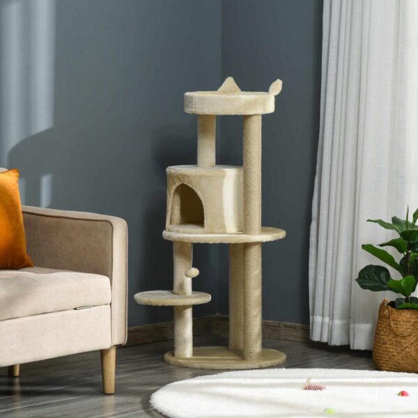 104 cm Cat Tree, Cat Condo Tree Tower, Cat Activity Centre with Scratching Posts, Plush Perch, Hanging Ball - Cream White - in use view