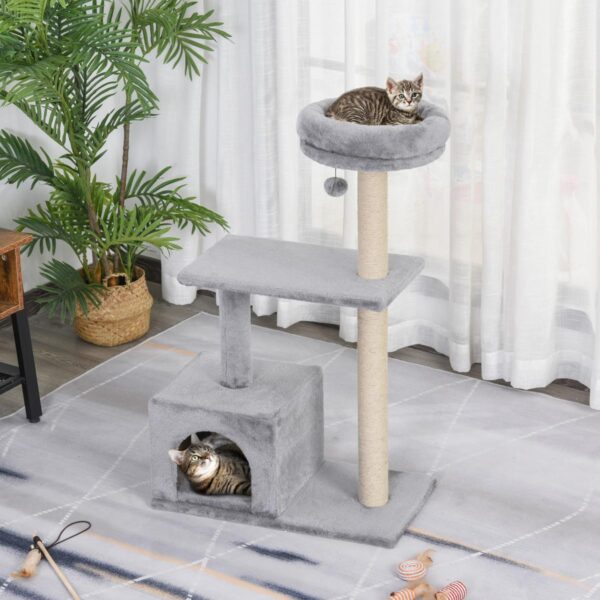 96cm Cat Tree for Indoor Cats Condo Sisal Scratching Post Cat Tower Kitten Play House Dangling Ball Activity Center Furniture Grey - in use view