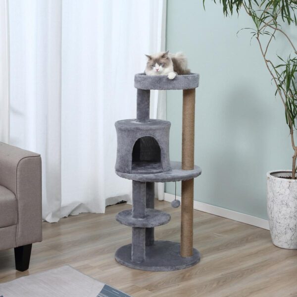 104 cm Cat Tree, Cat Condo Tree Tower, Cat Activity Centre with Scratching Posts, Plush Perch, Hanging Ball - Grey - in use view