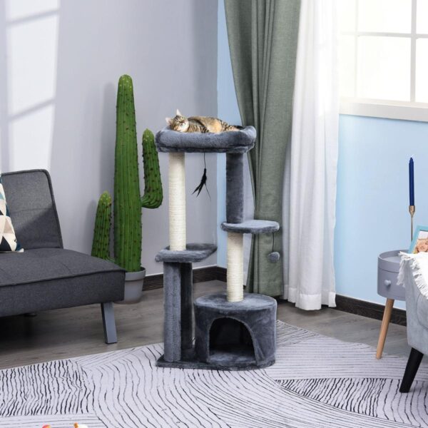 100cm Cat Tree for Indoor Cats, Cat Tower Condo for Kittens with Cat House Sisal Scratching Posts, Hanging Ball Toys, Perches - Grey - in use view