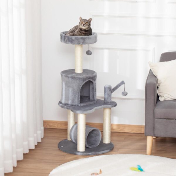 Cat Tree Tower for Indoor Cats Climbing Activity Center Kitten Furniture with Jute Scratching Post Bed Tunnel Perch Hanging Balls Grey - in use view