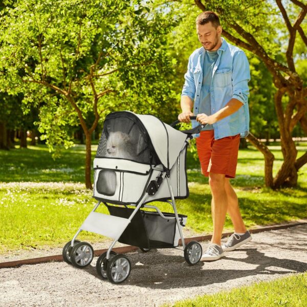 PetsMania Pet Stroller for Small Miniature Dogs Cats Foldable Travel Carriage with Wheels Zipper Entry Cup Holder Storage Basket Grey - in use view