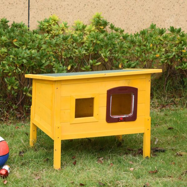 PetsMania Garden Wooden Cat House Hide Cage Outdoor Pet Play Home Water-resistant Roof Kitty Shelter Kennel w/ith Door & Window - in use view