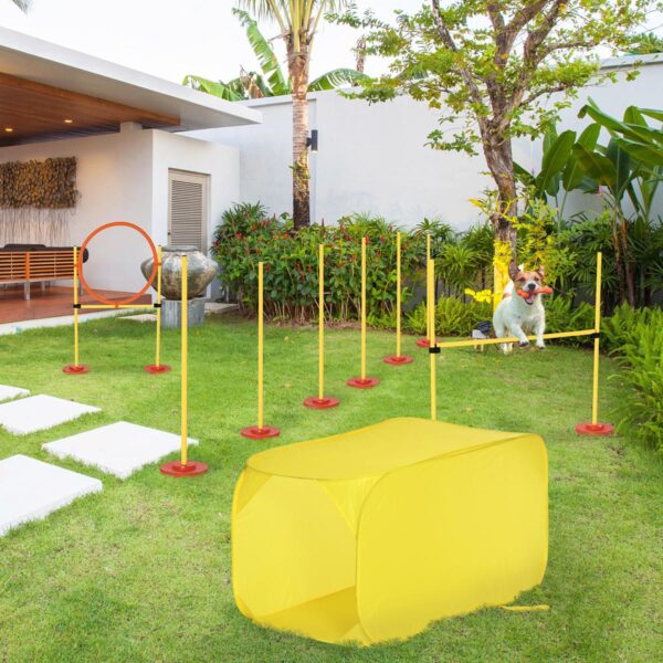 Dog Agility Equipment Portable Pet Training Obstacle Set for Dogs 5 Pieces with Adjustable High Jumping Pole, Jumping Ring, Weave Poles, Tunnel - in use view