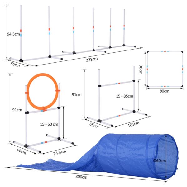 Dog Agility Set - Adjustable Poles, Tunnel & Pause Box with Carry Bag - dimensions view