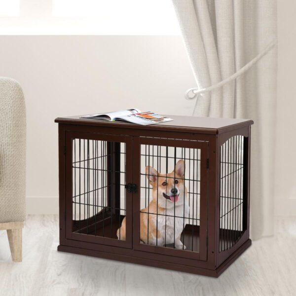 Dog Crate Furniture, Puppy Crate End Table, Pet Kennel House with 2 Doors for Medium and Small Dogs, 81 x 58.5 x 66 cm, Brown - in use view