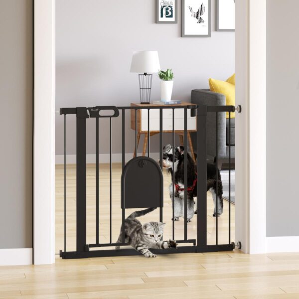 Dog Gate with Cat Flap Pet Safety Gate Barrier, Stair Pressure Fit, Auto Close, Double Locking, for Doorways, Hallways, 75-103 cm Black - in use view
