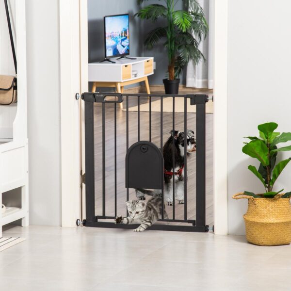 Dog Gate with Cat Flap Pet Safety Gate Barrier, Stair Pressure Fit, Auto Close, Double Locking, for Doorways, Hallways, 75-82 cm Black - in use view