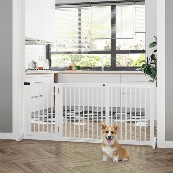 Wooden Dog Gate, Dog Fence Indoor, Freestanding Dog Barrier, Adjustable Lockable Fence with 3 Panels, 71H x 113-166W cm, White - in use view