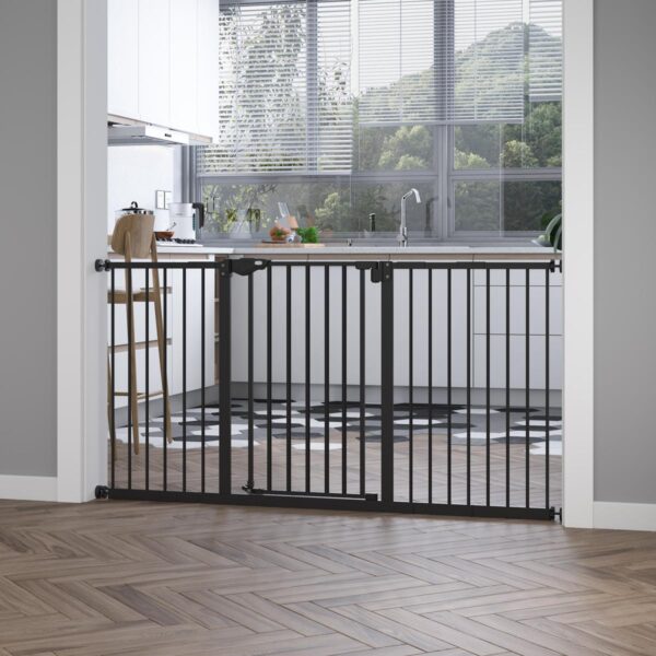 Dog Gate Stair Gate Pressure Fit Pets Barrier Auto Close for Doorway Hallway, 74-148cm Wide Adjustable, Black - in use view