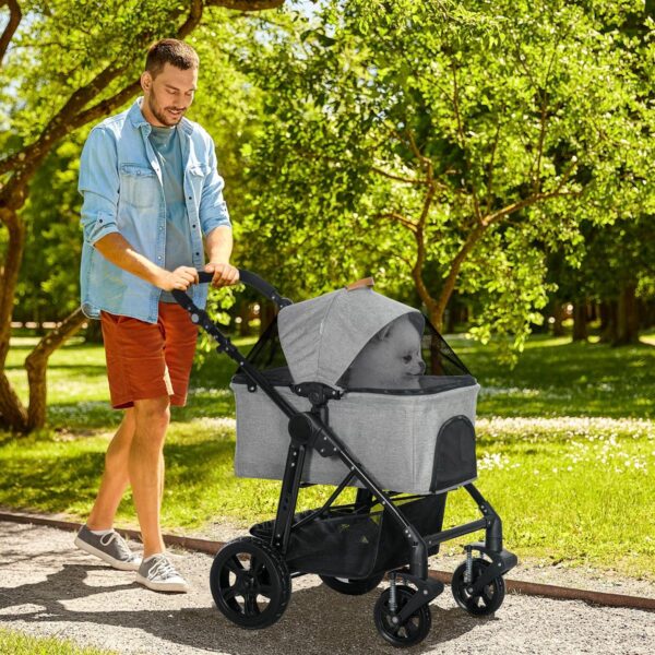 Dog Pram Pet Stroller for Small Dogs Cats, Foldable Dog Pushchair Trolley with Detachable Pet Carrier Bag, Shock Absorber, Adjustable Handlebar, Grey - in use view