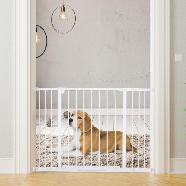 Dog Gate Pet Safety Gate Stair Barrier Pressure Fit Adjustable 76-82/86-97/101-107 cm, White - in use view