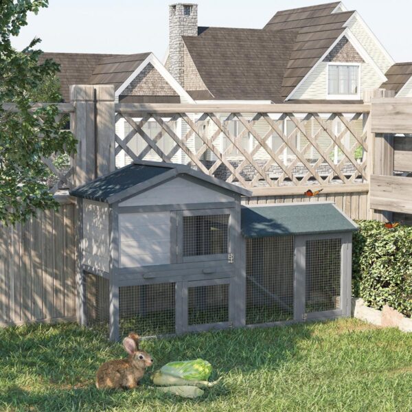 Wooden Rabbit Hutch Outdoor, Double Tier with Water-Resistant Roof, Ramp 147 x 54 x 84 cm, Grey - in use view
