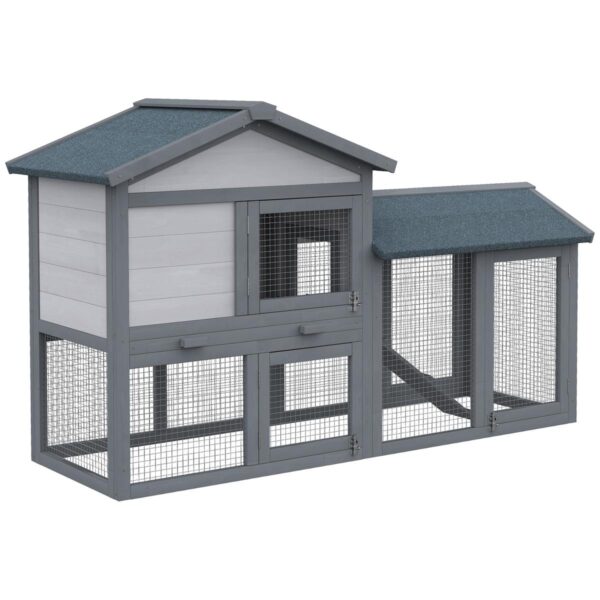 Double-Tier Wooden Rabbit Hutch - Water Resistant Roof - white background view