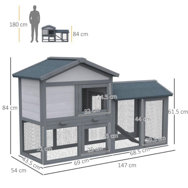 Double-Tier Wooden Rabbit Hutch - Water Resistant Roof - dimensions view