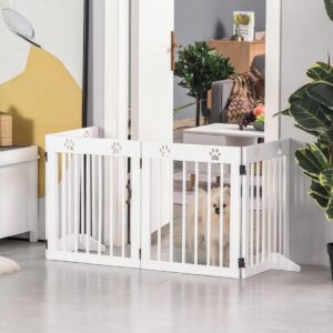 Freestanding Pet Gate 4 Panel Wooden Dog Barrier Folding Safety Fence with Support Feet up to 204cm Long 61cm Tall for Doorway Stairs White - in use view