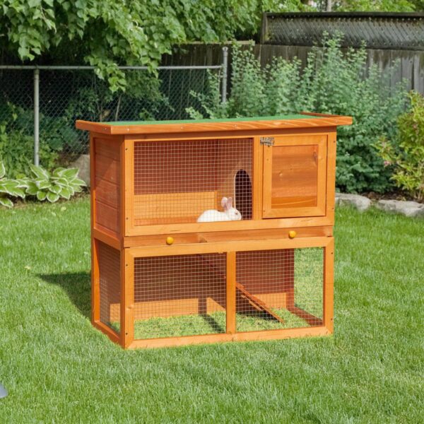 PetsMania Rabbit Hutch Outdoor Guinea Pig Hutch Wooden Pet Cage Run 2-Tier with Opening Top, 90 x 45 x 80cm - in use view