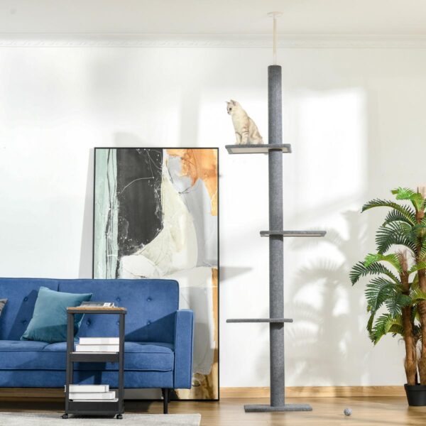 260cm Floor To Ceiling Cat Tree for Indoor Cats with Three Platforms Activity Centre - Grey - in use view