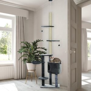 Floor to Ceiling Cat Tree for Indoor Cats Play Tower Climbing Activity Center Scratching Post Platforms Condo Adjustable Height 220-265cm Dark Grey - in use view