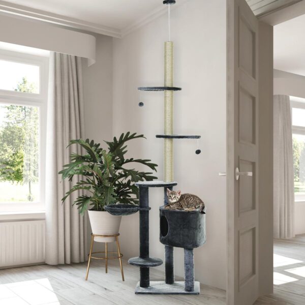 Floor to Ceiling Cat Tree for Indoor Cats Play Tower Climbing Activity Center Scratching Post Platforms Condo Adjustable Height 220-265cm Dark Grey - in use view