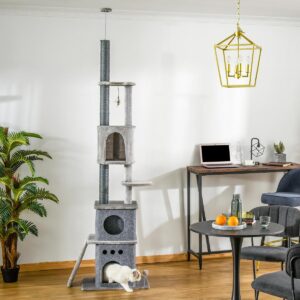 255cm Floor To Ceiling Cat Tree for Indoor Cats Climber Scratching Post Adjustable Height Play Tower Removable Cover Grey - in use view