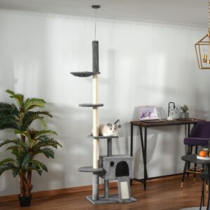 270cm Floor To Ceiling Cat Tree Cat House Scratching Post for Indoor Cats Hammock Hanging Ball Activity Center Grey - in use view