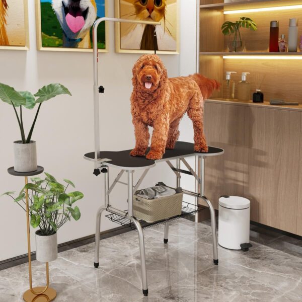 Foldable Dog Grooming Table Pet Drying Table with Adjustable Arm Non-Slip Rubber Tabletop Aluminium Alloy Edge Stainless Steel Bar Sling 94.5 x 55 x 81cm Black - in use view