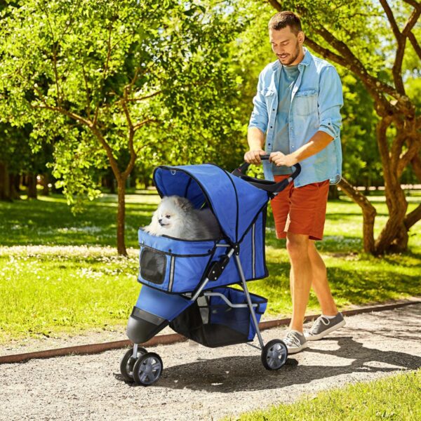 PetsMania Dog Stroller, 3 Wheels Foldable Cat Dog Pram with Cup Holder, Storage Basket, Pet Stroller for Small Miniature Dogs, Blue - in use view