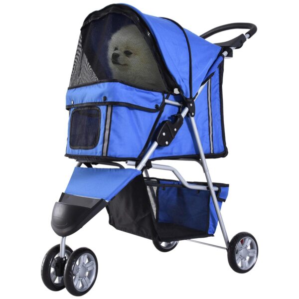 Foldable Dog Stroller - 3-Wheel Pet Pram with Storage Basket - white background view