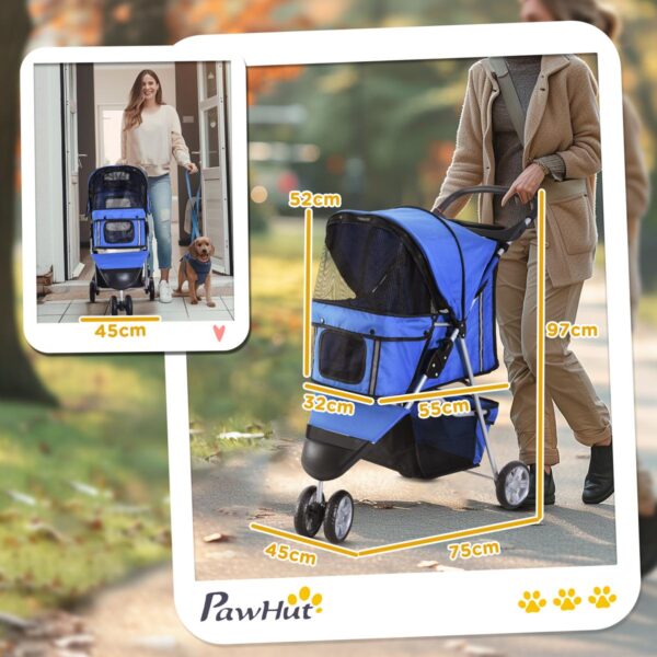 Foldable Dog Stroller – 3-Wheel Pet Pram with Storage Basket (Blue) - dimensions view