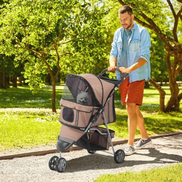 PetsMania Dog Stroller, 3 Wheels Foldable Cat Dog Pram with Cup Holder, Storage Basket, Pet Stroller for Small Miniature Dogs, Brown - in use view